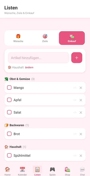 Ourly: gemeinsame Einkaufsliste mit Obst, Backwaren und Haushalt.