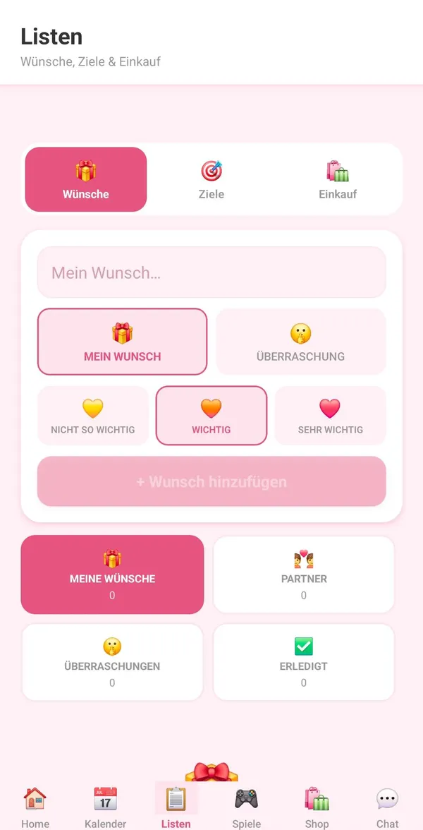 Ourly: Wunschliste mit Auswahl von Wichtigkeit und Überraschung.