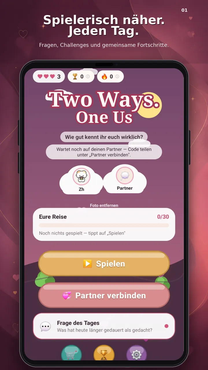 Play-Store-Grafik „Spielerisch näher. Jeden Tag.“ mit dem Startbildschirm von Two Ways. One Us.