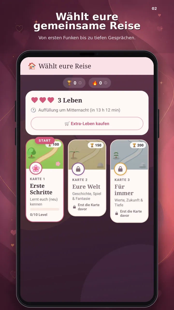 Play-Store-Grafik „Wählt eure gemeinsame Reise“ mit den drei Karten Erste Schritte, Eure Welt und Für immer.