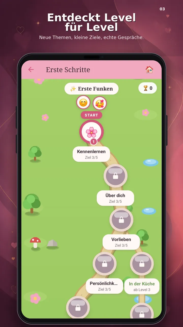 Play-Store-Grafik „Entdeckt Level für Level“ mit der Levelkarte „Erste Schritte“.