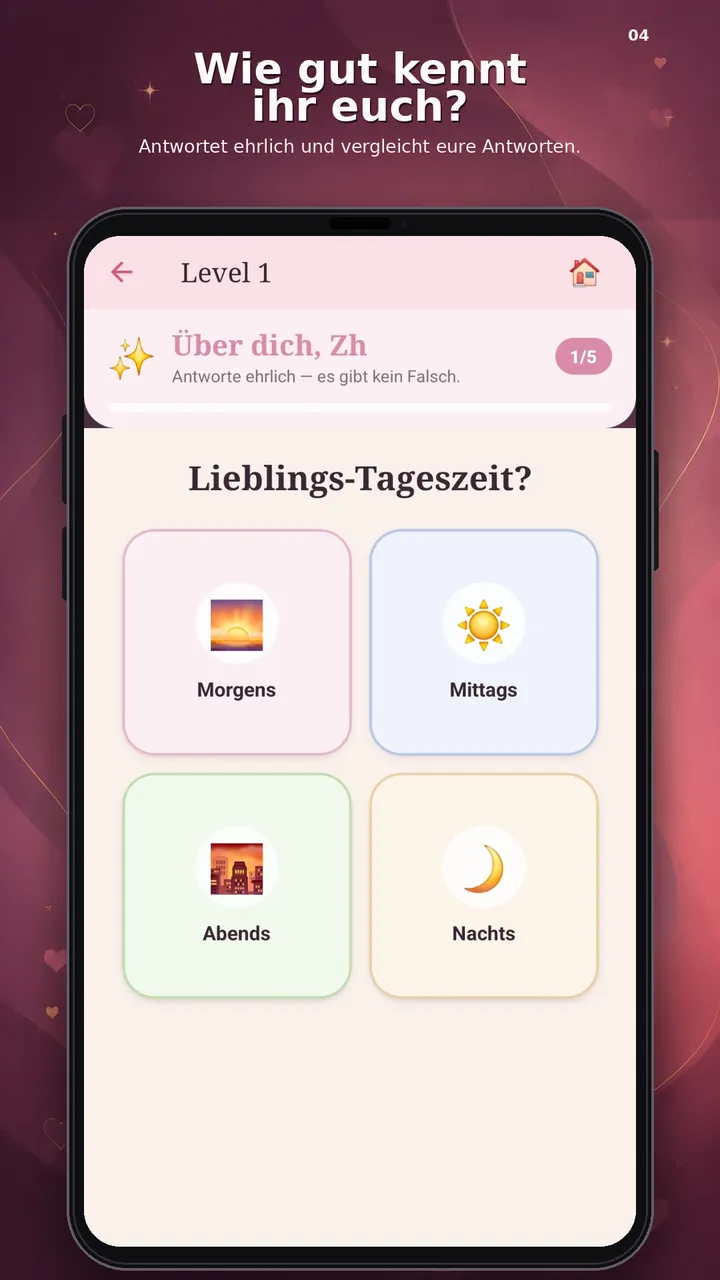 Play-Store-Grafik „Wie gut kennt ihr euch?“ mit der Frage „Lieblings-Tageszeit?“ und vier Antwortkarten.