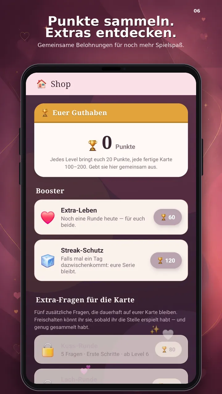 Play-Store-Grafik „Punkte sammeln. Extras entdecken.“ mit dem Shop.